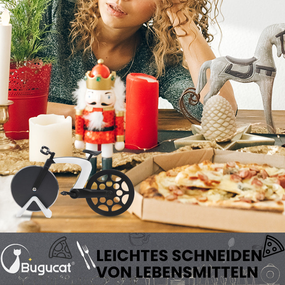 Bugucat Fahrrad-Pizzaschneider, Pizzaradschneider, stark, solide, scharf, Pizzamesser, tolle Idee für Radfahrer, Pizzaliebhaber, Pizzazubehör mit Edelstahl, antihaftbeschichtete Fahrrad-Schneidräder