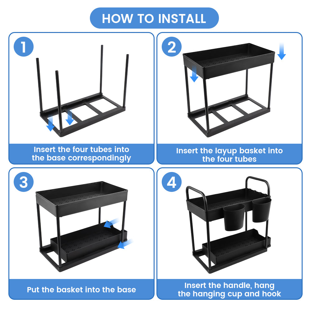 Bugucat Under Sink Organizers and Storage, Sliding Cabinet Organizer with 4 Hooks and 2 Cups, 2-Tier Multi-purpose Storage Shelf, Under-Sink Drawer, Under Sink Organizer for Kitchen, Bathroom, Black