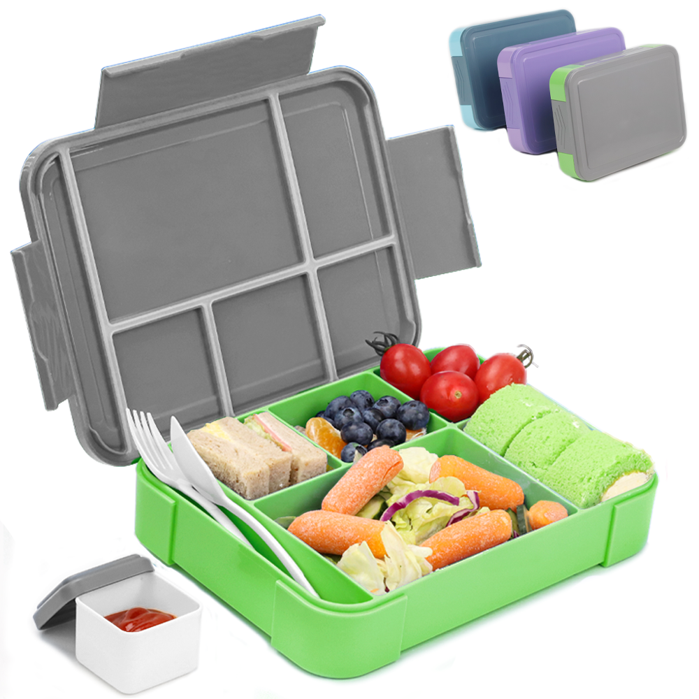 Bugucat Lunchbox 1330 ml, auslaufsichere Bento-Box mit 5 Fächern und Besteck, Lunchbehälter für Kinder und Erwachsene, Lebensmittelaufbewahrungsbehälter mit auslaufsicherem Silikonring, geeignet für Mikrowelle und Spülmaschine