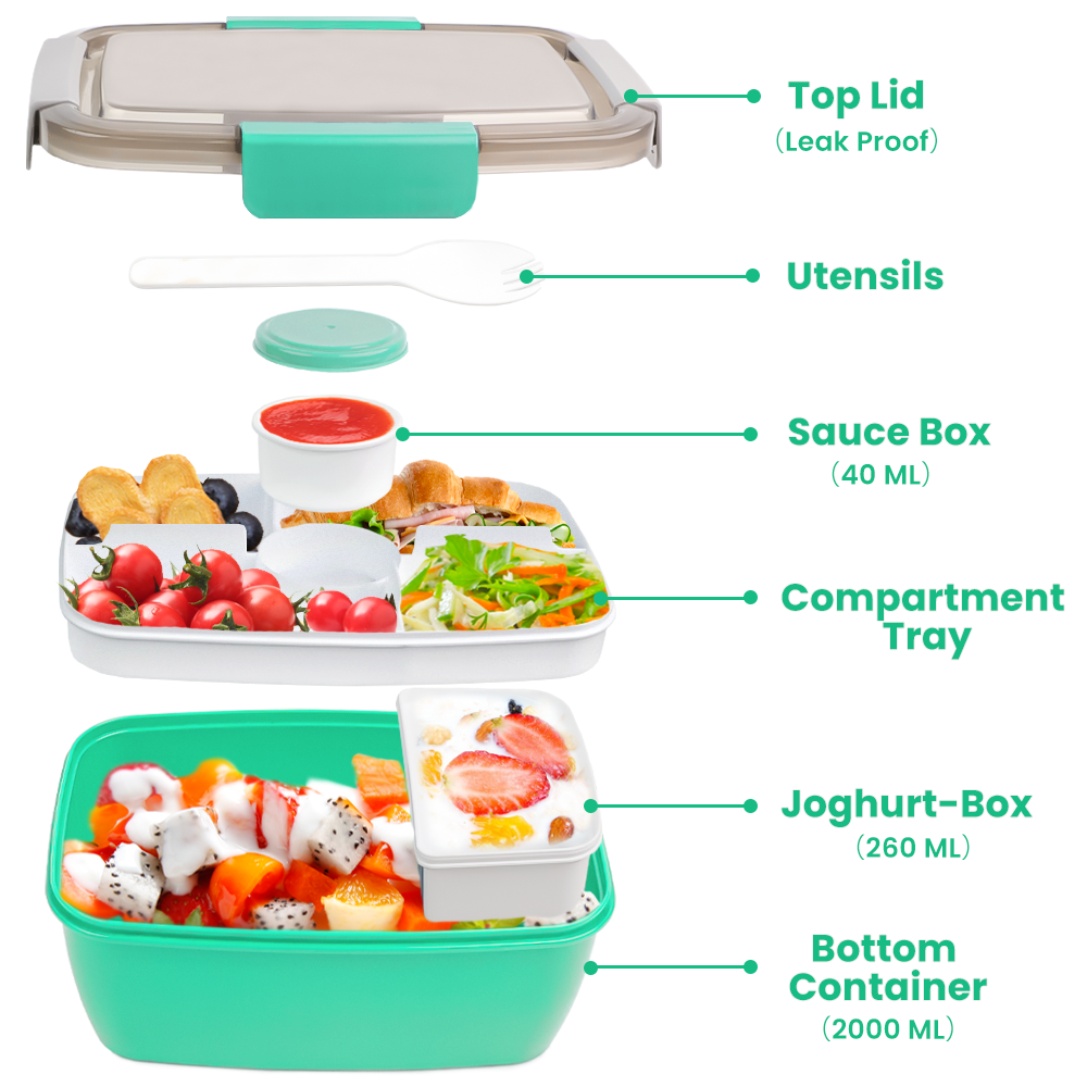 Salad Bowl 2000ML 2 Set, Leak-Proof Bento Box Lunch Box  Dishwasher Microwave Safe BPA-Free