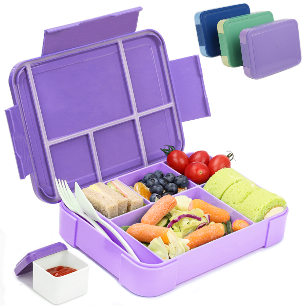 Bugucat Lunchbox 1330 ml, auslaufsichere Bento-Box mit 5 Fächern und Besteck, Lunchbehälter für Kinder und Erwachsene, Lebensmittelaufbewahrungsbehälter mit auslaufsicherem Silikonring, geeignet für Mikrowelle und Spülmaschine