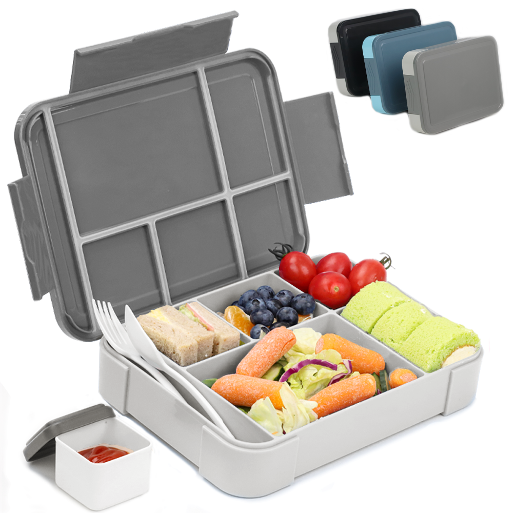 Bugucat Lunchbox 1330 ml, auslaufsichere Bento-Box mit 5 Fächern und Besteck, Lunchbehälter für Kinder und Erwachsene, Lebensmittelaufbewahrungsbehälter mit auslaufsicherem Silikonring, geeignet für Mikrowelle und Spülmaschine