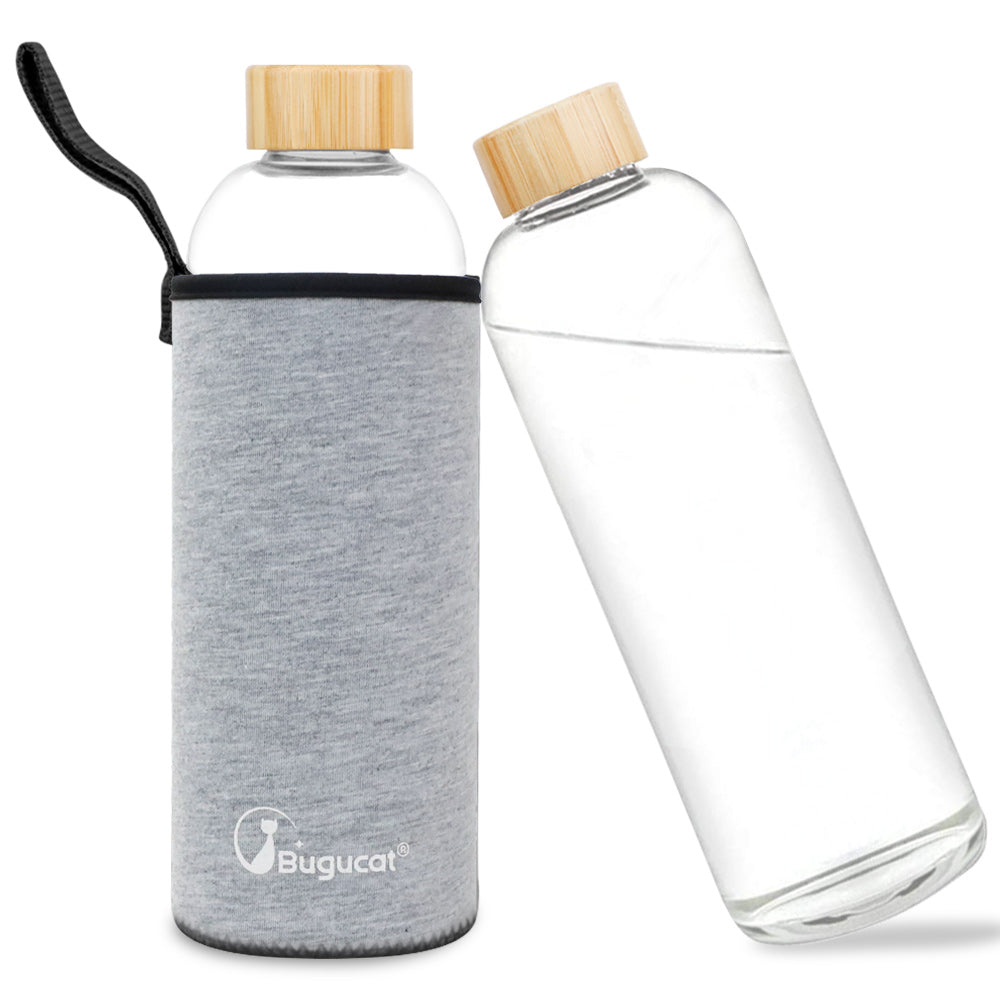 Glass Water Bottle 1000ML, Glass Drinking Bottle with Protective Sleeves Leak-Proof Lid