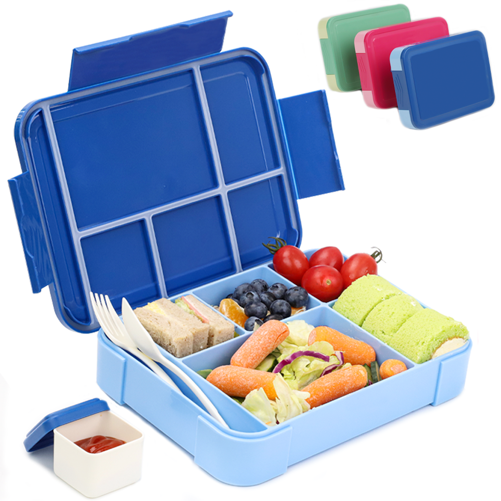 Bugucat Lunchbox 1330 ml, auslaufsichere Bento-Box mit 5 Fächern und Besteck, Lunchbehälter für Kinder und Erwachsene, Lebensmittelaufbewahrungsbehälter mit auslaufsicherem Silikonring, geeignet für Mikrowelle und Spülmaschine