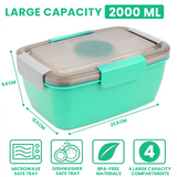 Bugucat Bentobox 2000ML 2 Set, Lunch Box Salad Lunch Container to Go with 4 Compartment Tray, Salad Bowl with Dressing Container, Meal Prep to Go Containers for Food Fruit Snack, Built-in Reusable Spoon