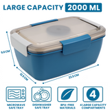 Bugucat Bentobox 2000ML 2 Set, Lunch Box Salad Lunch Container to Go with 4 Compartment Tray, Salad Bowl with Dressing Container, Meal Prep to Go Containers for Food Fruit Snack, Built-in Reusable Spoon