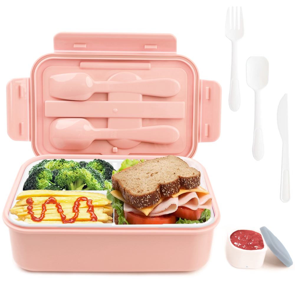 Bugucat Bento-Box 1400 ml für Kinder und Erwachsene, Lunchbox mit 3 Fächern und Utensilien, auslaufsicherer Lebensmittelbehälter, mikrowellengeeignete Bento-Boxen, Behälter für das Mittagessen, lebensmittelechte Materialien und BPA-frei