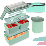 Bugucat Lunchbox für Erwachsene und Kinder, 1400 ml, doppelt stapelbare Bento-Box, Behälter für die Zubereitung von Mahlzeiten, mit Einkaufstasche und Joghurtbox, Lebensmittelbehälter mit 2 Ebenen und 3 Fächern für Mittagssnacks