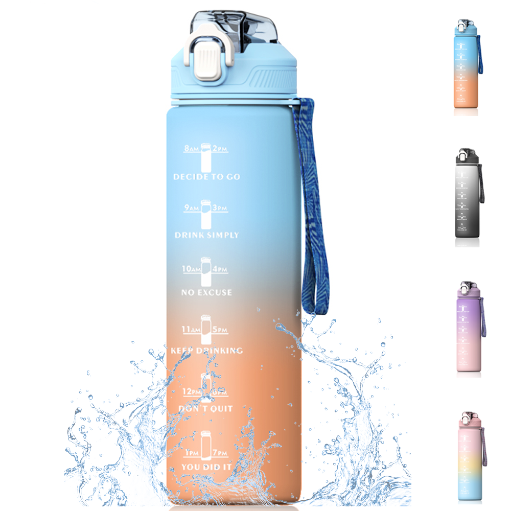 Bugucat Trinkflasche 1000 ML,Wasserflasche Water Bottle Auslaufsichere  Sportflasche mit Strohhalm und Zeitmarkierungen Große,Water Jug für  Home-Office