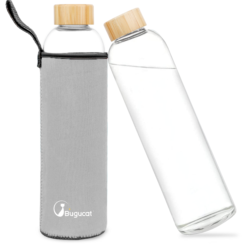 Bugucat Borosilicate Glass Water Bottles, Reusable Bamboo Lid Drinking Bottle with Protective Sleeves,Juice Beverage Container BPA-Free Leak Proof for School Sport Yoga Gym Hot Cold Drinks 550 ml / 1000 ml