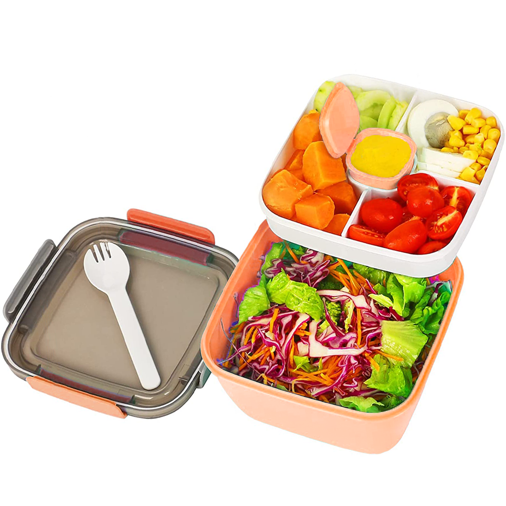Bugucat Lunch Box 1500 ml, Bento Box Salad Container with 3 Compartments and Sauce Box, Salad Bowl with Dressing Container, Lunch Box for Microwaves and Dishwashers, Lunch Box for Children and Adults