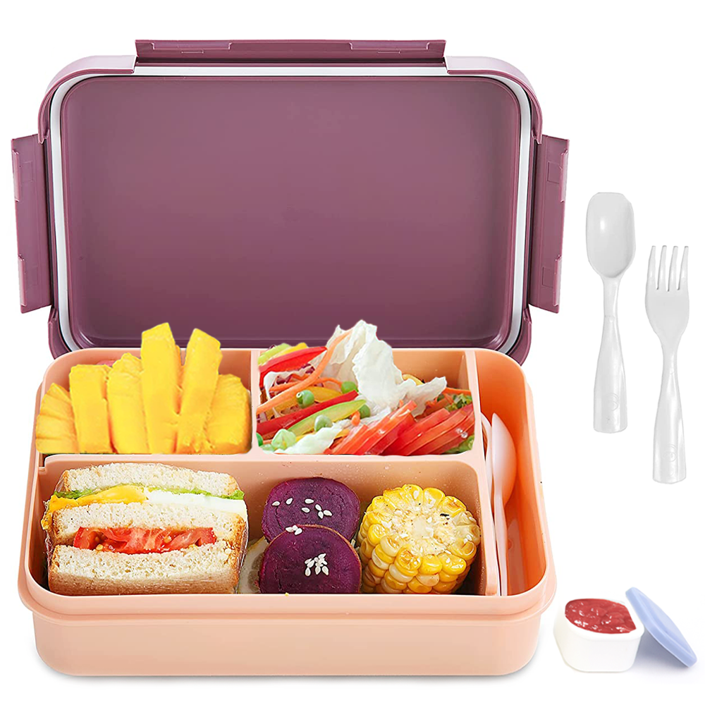 Bugucat Lunch Box 1250ML,Leak-Proof Bento Box with 3 Compartments and Cutlery Lunch Containers for Kids Adult Food Storage Container with Leak-proof silicone ring Suitable for Microwave and Dishwasher