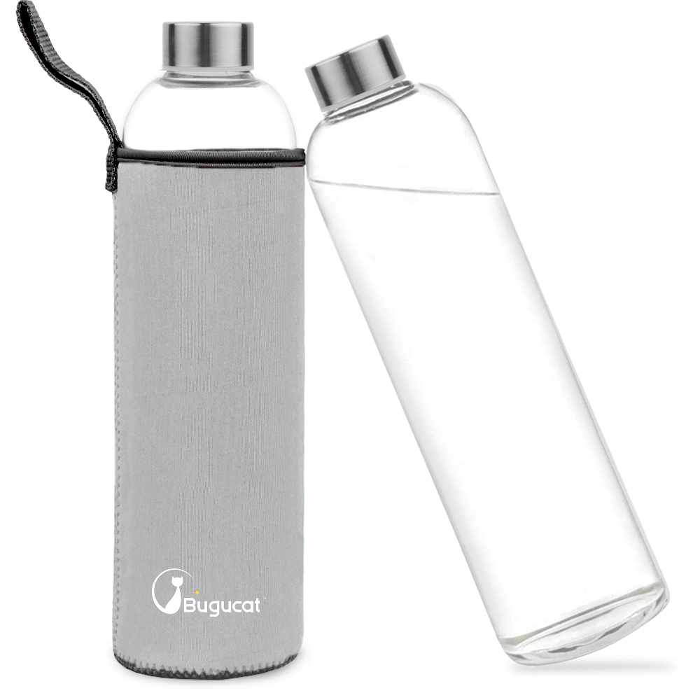 Bugucat Borosilicate Glass Water Bottles 1000ML,Reusable Stainless Steel Lid Drinking Bottle with Protective Sleeves,Juice Beverage Container BPA-Free Leak Proof for School Sport Yoga Hot Cold Drinks