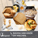 Bugucat Ravioli Cookie Cutter Mould, Stainless Steel Ravioli Mould with Wooden Handle and Ribbed Edge, Pasta Pasta Press, Ravioli Mould Biscuit Mould Idea for Dumplings Pierogie & Dumplings (Set of 3)