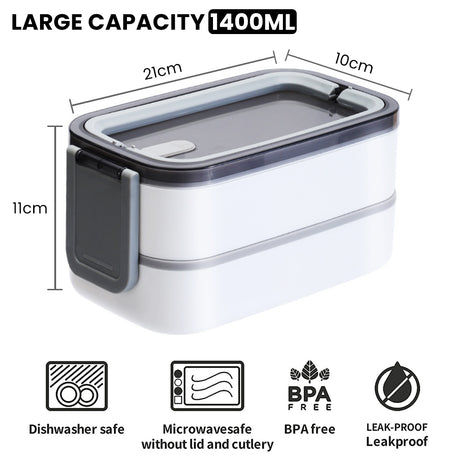 Fiambrera 1400ML, Bento Box A Prueba De Fugas Apto Para Lavavajillas Y Microondas Sin BPA