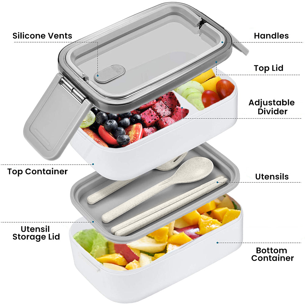 Eco-friendly Beige Stackable Bento Box Lunch Box for Adults Dishwasher and  Microwave Safe Leak Proof 2 Dividers Cutlery 