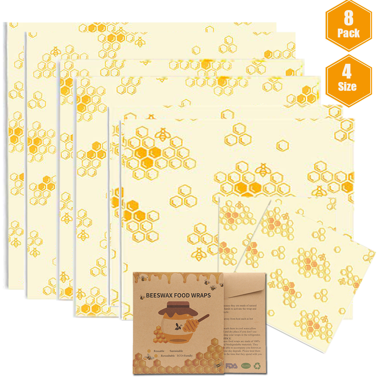 Bienenwachs-Wraps 8er-Set, Bio Wachspapier Wiederverwendbare Bienenwachstücher