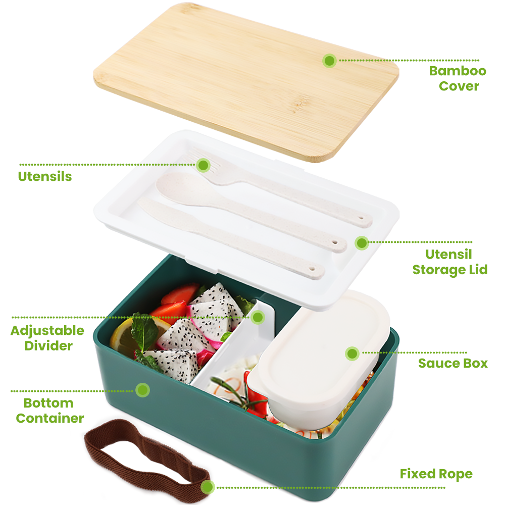 Bugucat Lunchbox 1000ML, Bento Box Brotzeitbox Brotdose mit Saucenkasten und 3-teiligem Besteck-Set, Frühstücksbox Geeignet für Mikrowellen und Spülmaschinen,Brotdose für Kinder Erwachsene