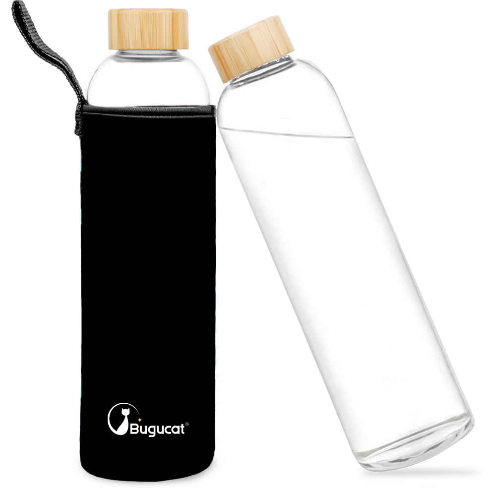 Botella de cristal Bugucat, botella de cristal con tapa de bambú, funda protectora, botella de agua antigoteo fabricada en cristal de borosilicato, jarra para batidos, zumos, agua y bebidas, libre de BPA 550 ml / 1000 ml