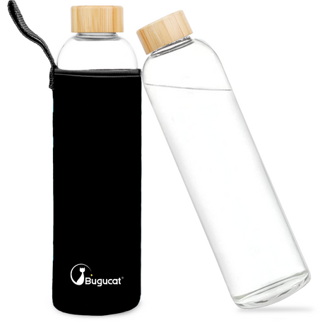 Bugucat Borosilicate Glass Water Bottles, Reusable Bamboo Lid Drinking Bottle with Protective Sleeves,Juice Beverage Container BPA-Free Leak Proof for School Sport Yoga Gym Hot Cold Drinks 550 ml / 1000 ml