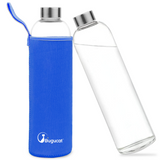 Bugucat Wasserflaschen aus Borosilikatglas, 1000 ml, wiederverwendbare Trinkflasche mit Edelstahldeckel und Schutzhüllen, Saftgetränkebehälter, BPA-frei, auslaufsicher, für Schule, Sport, Yoga, heiße kalte Getränke