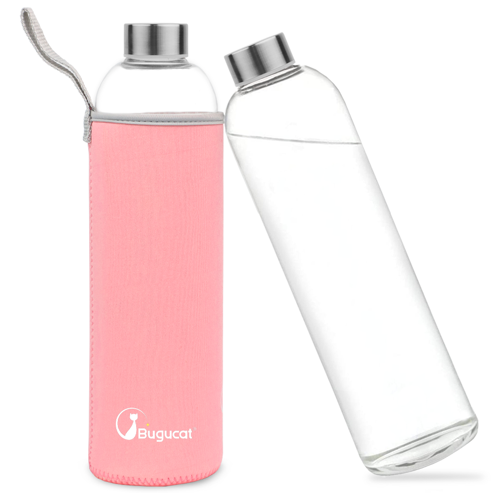 Glass Water Bottle 1000ML, Glass Drinking Bottle with Protective Sleev –  Bugucat Home