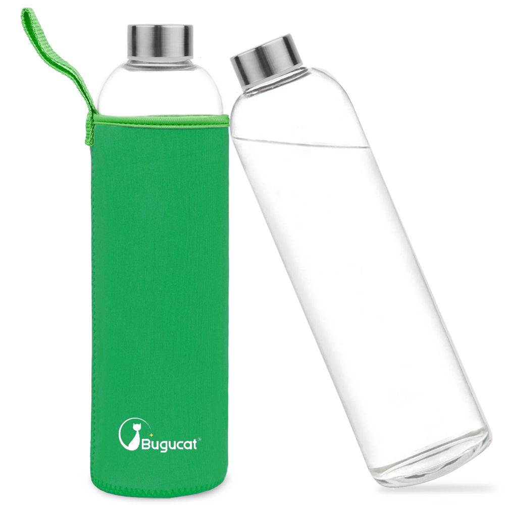 Bugucat Wasserflaschen aus Borosilikatglas, 1000 ml, wiederverwendbare Trinkflasche mit Edelstahldeckel und Schutzhüllen, Saftgetränkebehälter, BPA-frei, auslaufsicher, für Schule, Sport, Yoga, heiße kalte Getränke
