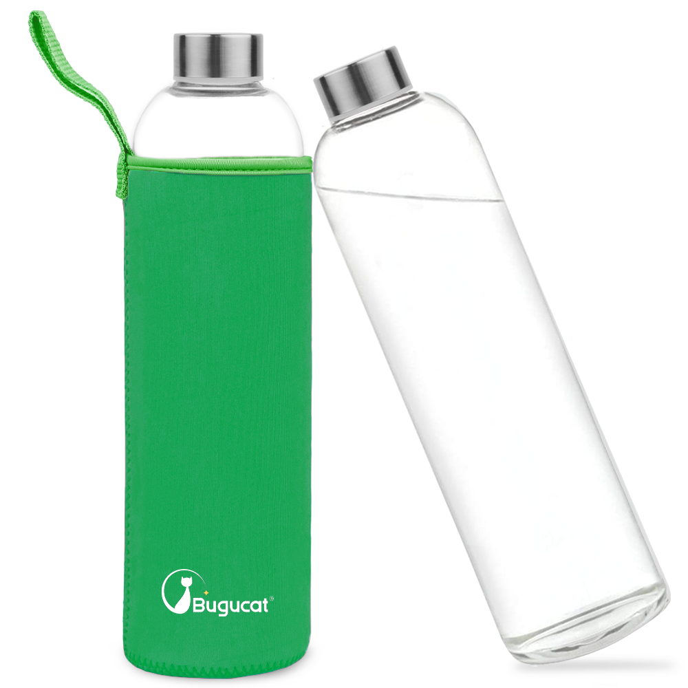 Bugucat botella de vidrio 1000 ML, botella de vidrio con tapa protectora de acero inoxidable, botella de agua a prueba de fugas de vidrio de borosilicato, jarra para batidos, jugos, agua y bebidas, libre de BPA