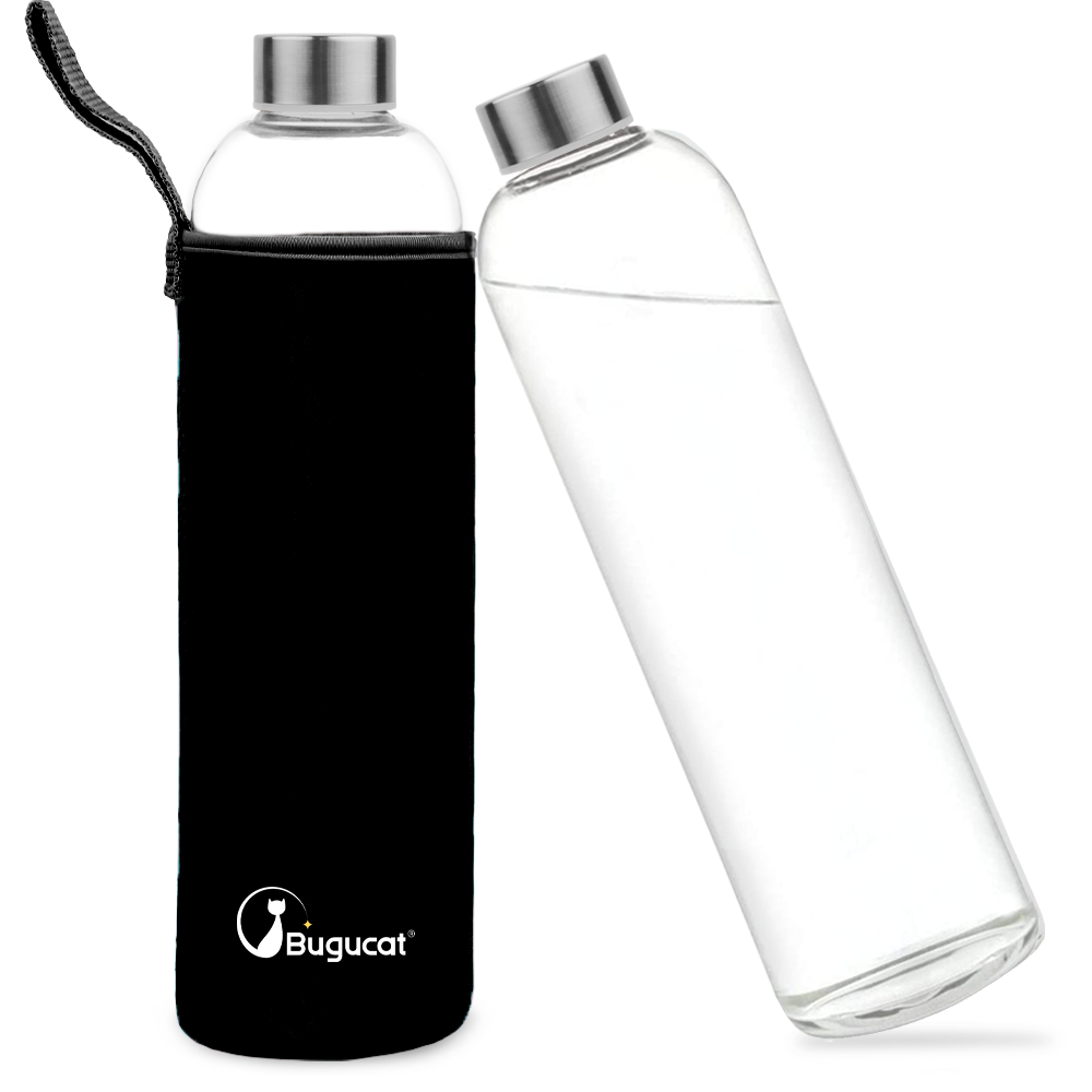 Bugucat Borosilicate Glass Water Bottles 1000ML,Reusable Stainless Steel Lid Drinking Bottle with Protective Sleeves,Juice Beverage Container BPA-Free Leak Proof for School Sport Yoga Hot Cold Drinks