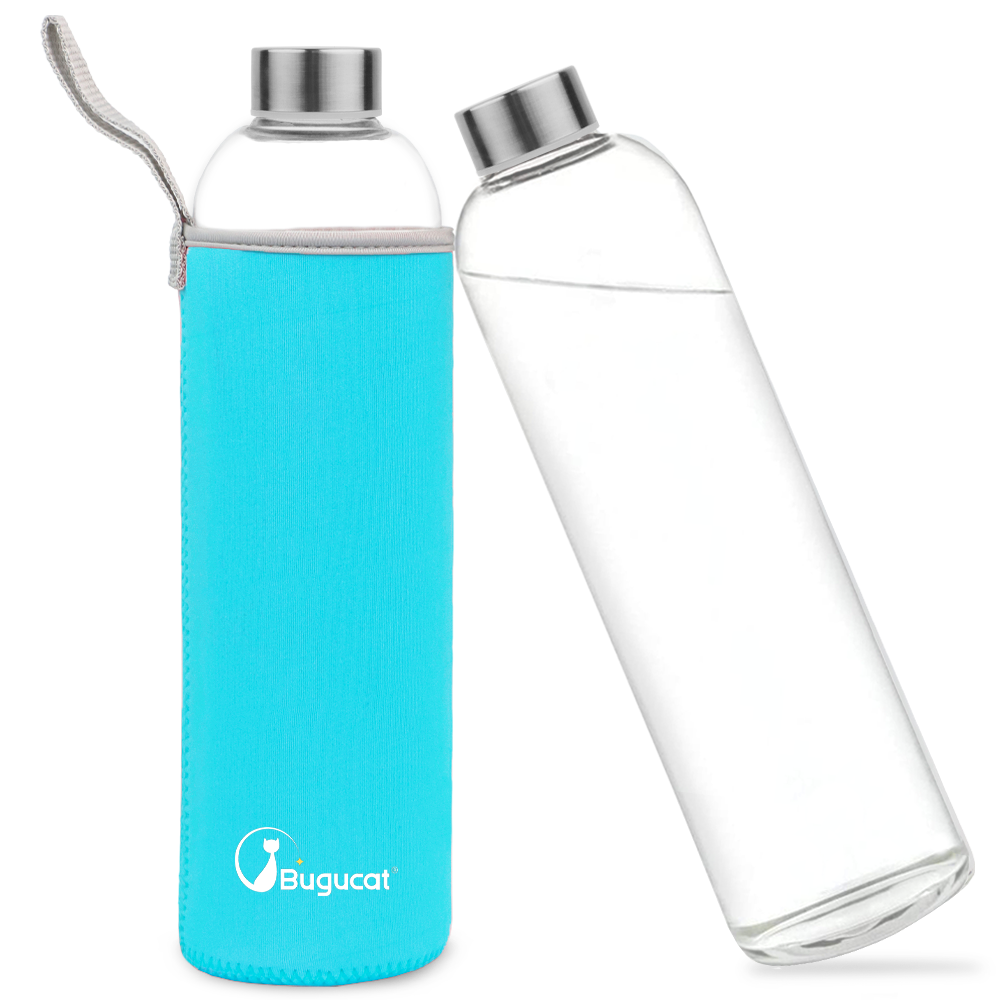 Bugucat Borosilicate Glass Water Bottles 1000ML,Reusable Stainless Steel Lid Drinking Bottle with Protective Sleeves,Juice Beverage Container BPA-Free Leak Proof for School Sport Yoga Hot Cold Drinks