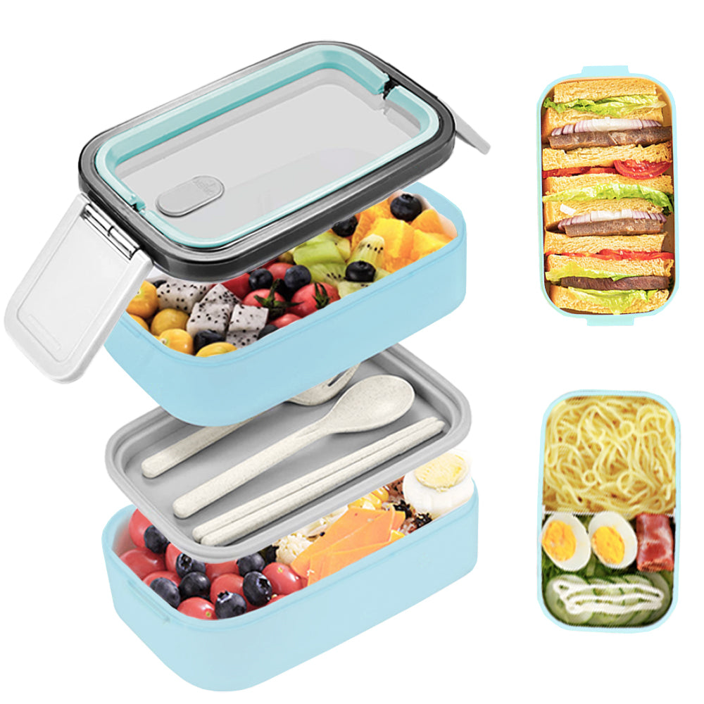 Bugucat Lunchbox 1400 ml, doppelt stapelbarer Bento-Box-Behälter für die Zubereitung von Mahlzeiten mit Besteck, versiegelte Frischhaltebox, BPA-freie Lunchbox für Erwachsene und Kinder, mikrowellen- und spülmaschinenfest