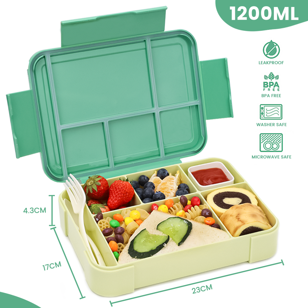 Bugucat Lunchbox 1330 ml, auslaufsichere Bento-Box mit 5 Fächern und Besteck, Lunchbehälter für Kinder und Erwachsene, Lebensmittelaufbewahrungsbehälter mit auslaufsicherem Silikonring, geeignet für Mikrowelle und Spülmaschine
