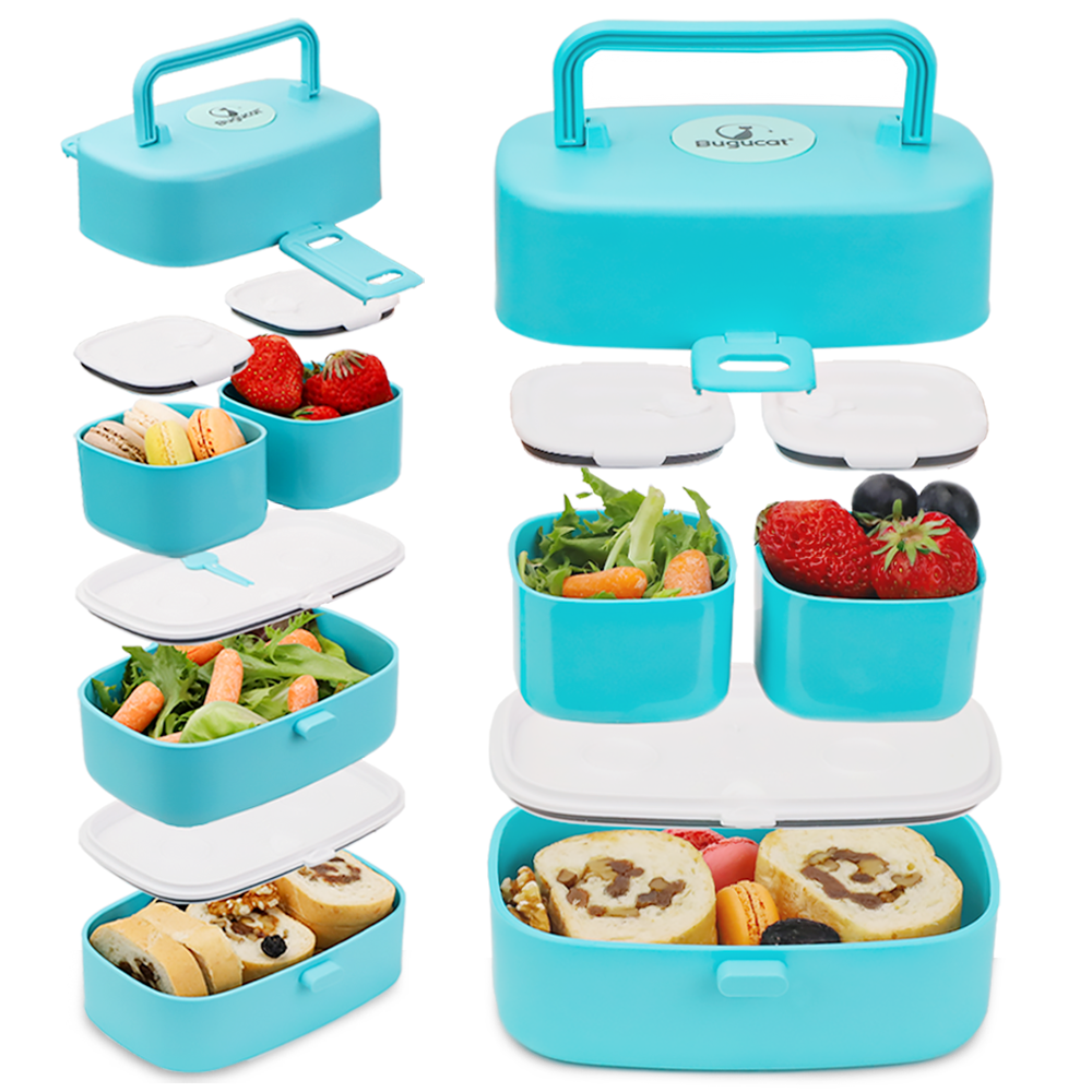 Bugucat Lunchbox für Kinder 1260 ml, 2-in-1 auslaufsichere Bento-Box mit 4 Fächern und Besteck, Lebensmittelbehälter, Lunchbehälter für Schule, Arbeit und Reisen, Mikrowelle und Spülmaschine, BPA-frei