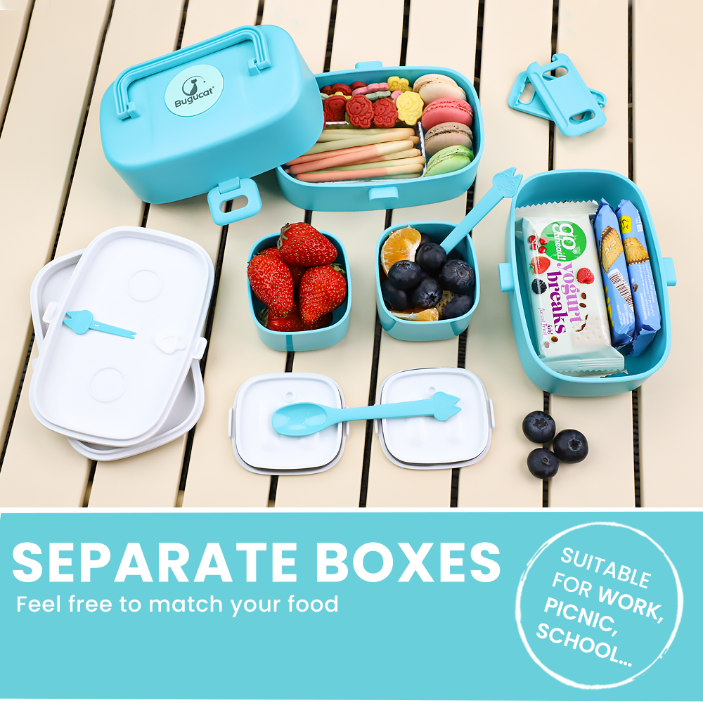 Bugucat Lunchbox für Kinder 1260 ml, 2-in-1 auslaufsichere Bento-Box mit 4 Fächern und Besteck, Lebensmittelbehälter, Lunchbehälter für Schule, Arbeit und Reisen, Mikrowelle und Spülmaschine, BPA-frei