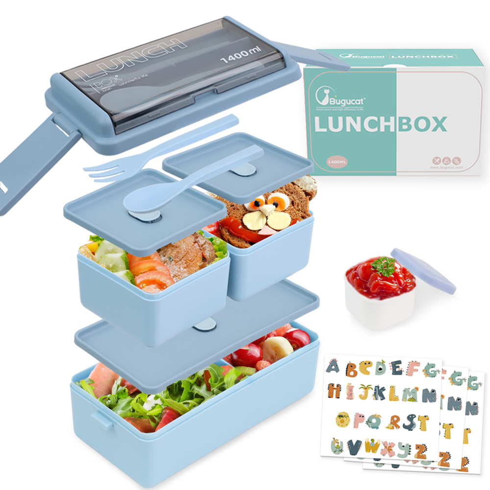 Bugucat Lunch Box 1400 ML, Doppio Impilabile Bento Box Contenitore Pasti Contenitori Con Posate, 2 Livelli e 3 Scomparti Design Alimenti Contenitori per Snack Pranzo, Lunch Box per Adulti e Bambini Senza BPA