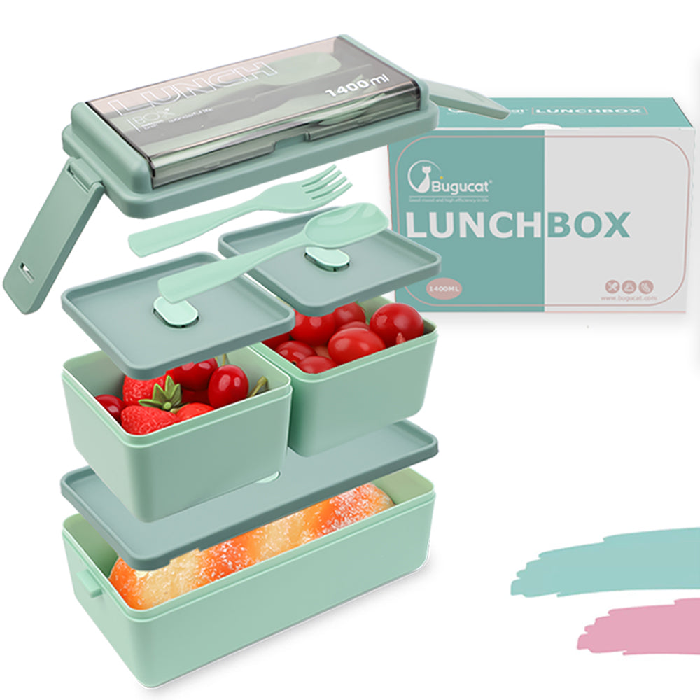 Lunch box Buguacat 1400ML, bento box enfant avec 3 compartiments et set de couverts, lunch box lunch box pour micro-ondes lave-vaisselle, lunch box lunch box pour enfants adultes sans BPA vert