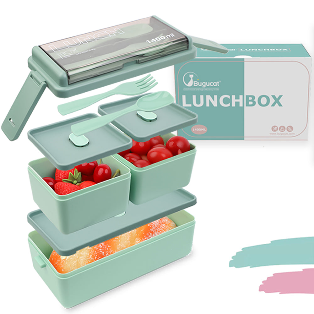 Bugucat Lunchbox, doppelt stapelbarer Bento-Box-Behälter für die Zubereitung von Mahlzeiten mit Besteck, versiegelte Frischhaltebox, auslaufsichere BPA-freie All-in-One-Lunchbox für Erwachsene und Kinder, mikrowellen- und spülmaschinenfest