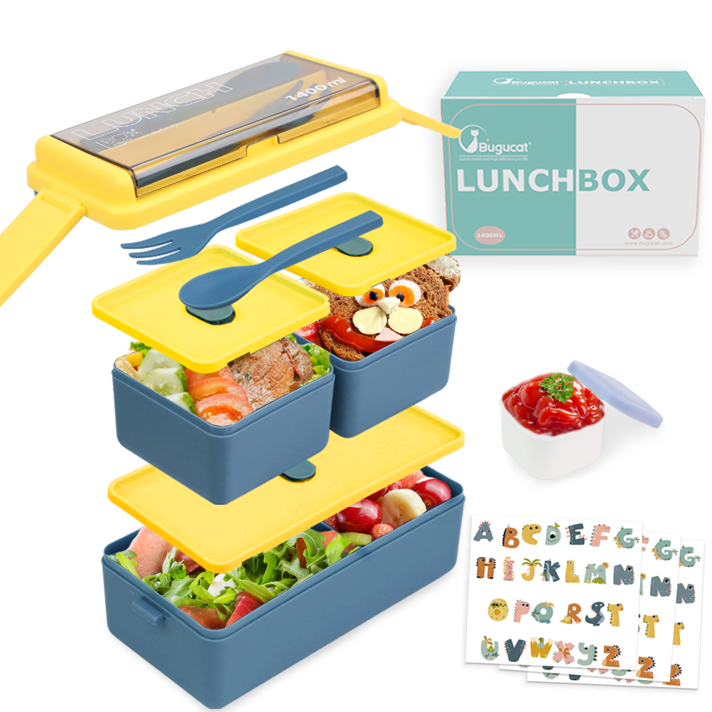Bugucat Lunch Box 1400 ML, Doppio Impilabile Bento Box Contenitore Pasti Contenitori Con Posate, 2 Livelli e 3 Scomparti Design Alimenti Contenitori per Snack Pranzo, Lunch Box per Adulti e Bambini Senza BPA