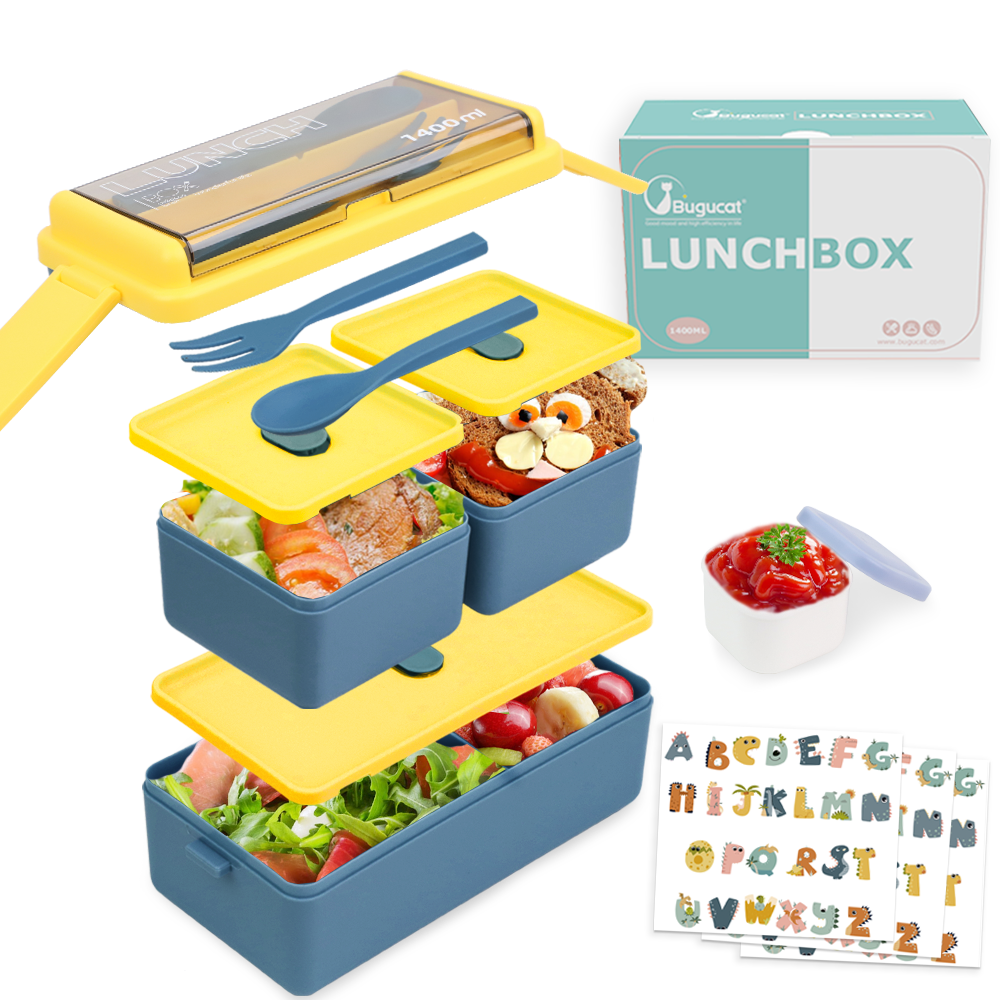 Bugucat Lunchbox, doppelt stapelbarer Bento-Box-Behälter für die Zubereitung von Mahlzeiten mit Besteck, versiegelte Frischhaltebox, auslaufsichere BPA-freie All-in-One-Lunchbox für Erwachsene und Kinder, mikrowellen- und spülmaschinenfest