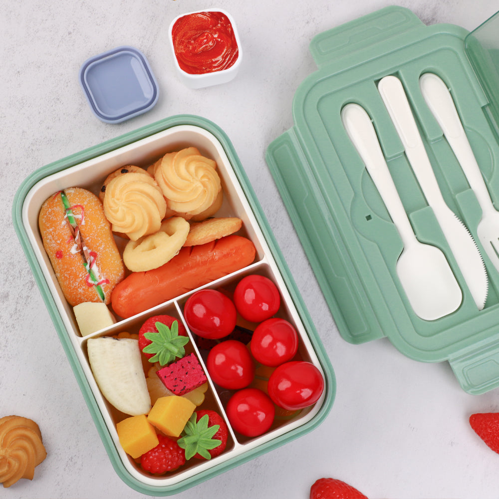 Bugucat Bento-Box 1400 ml für Kinder und Erwachsene, Lunchbox mit 3 Fächern und Utensilien, auslaufsicherer Lebensmittelbehälter, mikrowellengeeignete Bento-Boxen, Behälter für das Mittagessen, lebensmittelechte Materialien und BPA-frei