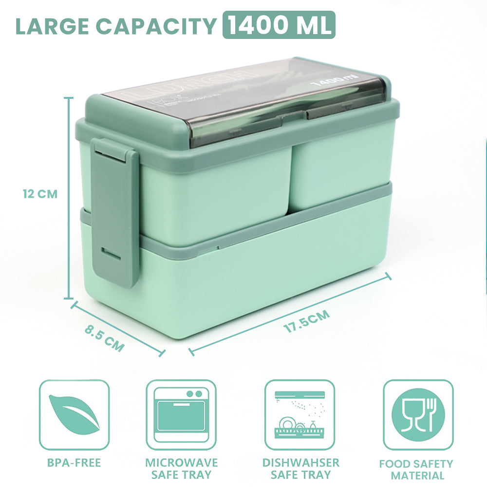 Bugucat Lunch Box 1400 ML, Doppio Impilabile Bento Box Contenitore Pasti Contenitori Con Posate, 2 Livelli e 3 Scomparti Design Alimenti Contenitori per Snack Pranzo, Lunch Box per Adulti e Bambini Senza BPA