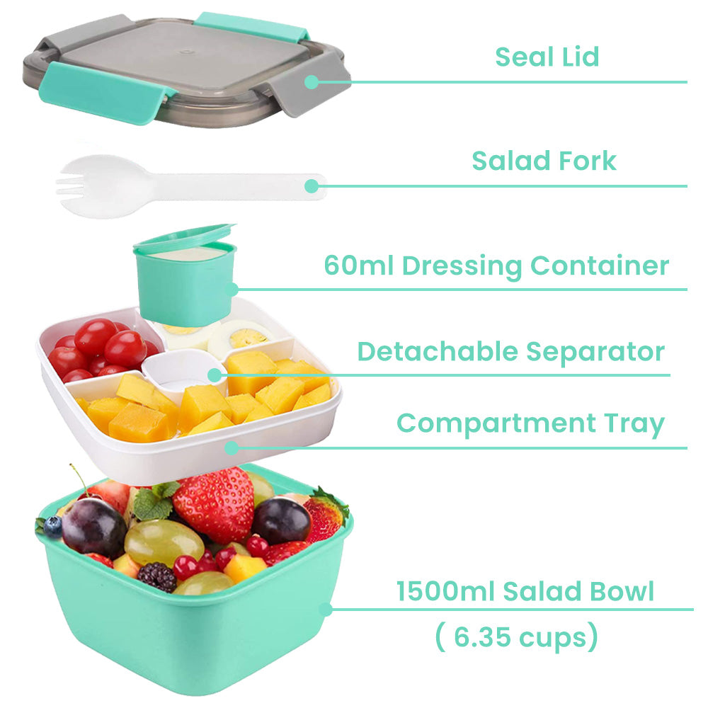 Bugucat Lunchbox 1500 ml, Bento-Box, Salatbehälter mit 3 Fächern und Saucenbox, Salatschüssel mit Dressingbehälter, Lunchbox für Mikrowelle und Spülmaschine, Lunchbox für Kinder und Erwachsene