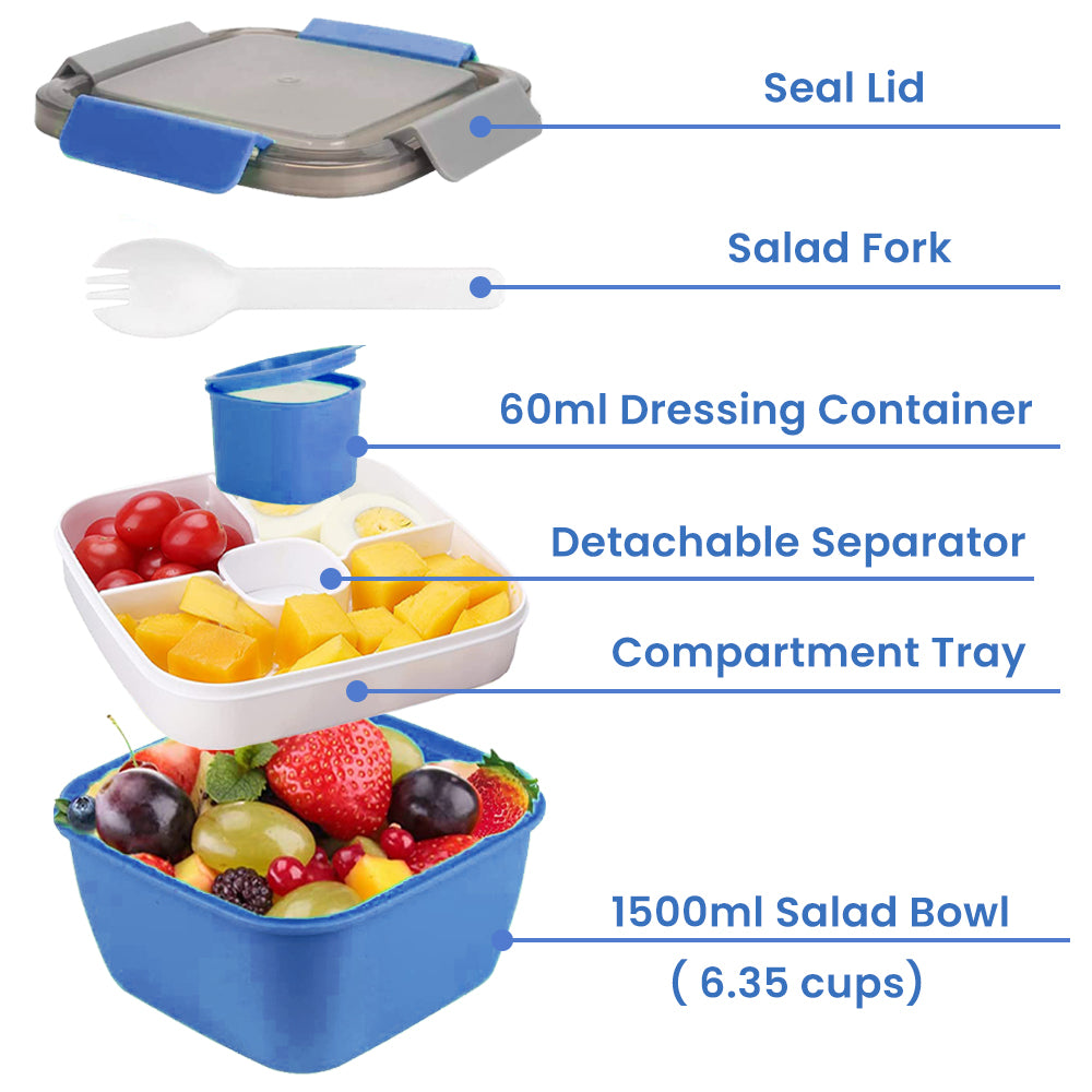 Bugucat Lunchbox 1500 ml, Bento-Box, Salatbehälter mit 3 Fächern und Saucenbox, Salatschüssel mit Dressingbehälter, Lunchbox für Mikrowelle und Spülmaschine, Lunchbox für Kinder und Erwachsene