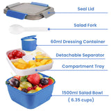 Bugucat Fiambrera 1500 ml, Bento Box Ensaladera con 3 Compartimentos y Salsero, Ensaladera con Recipiente para Aderezo, Fiambrera para Microondas y Lavavajillas, Fiambrera para Niños y Adultos