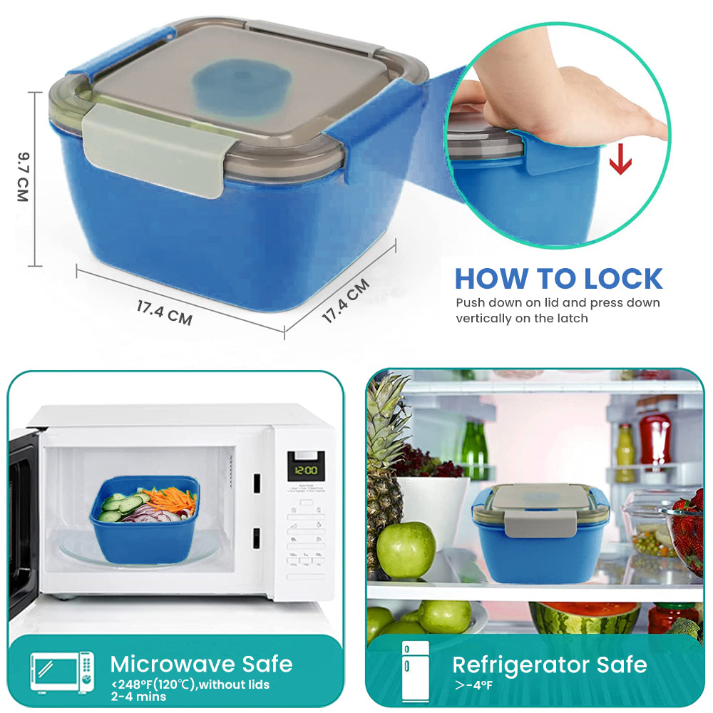 Ensaladera 1500ML, Fiambrera Bento Box a Prueba de Fugas Apta para Lavavajillas y Microondas Sin BPA