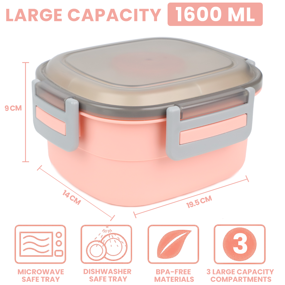 Bugucat Bento Box 1600ML, fiambrera con 3 compartimentos y cubiertos, fiambrera con nevera portátil, fiambrera para el trabajo escolar picnic viaje fiambrera para niños adultos apto para microondas libre de BPA