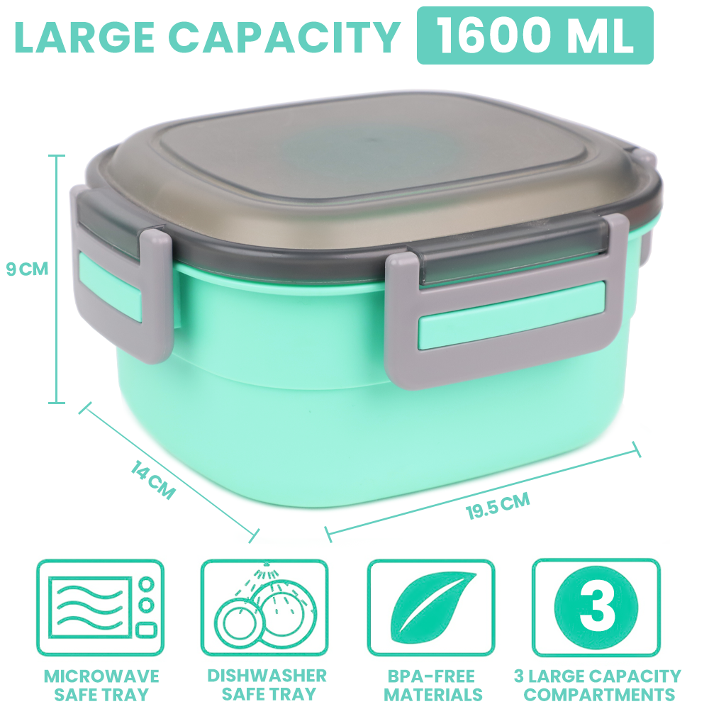 Bugucat Bento Box 1600ML, fiambrera con 3 compartimentos y cubiertos, fiambrera con nevera portátil, fiambrera para el trabajo escolar picnic viaje fiambrera para niños adultos apto para microondas libre de BPA