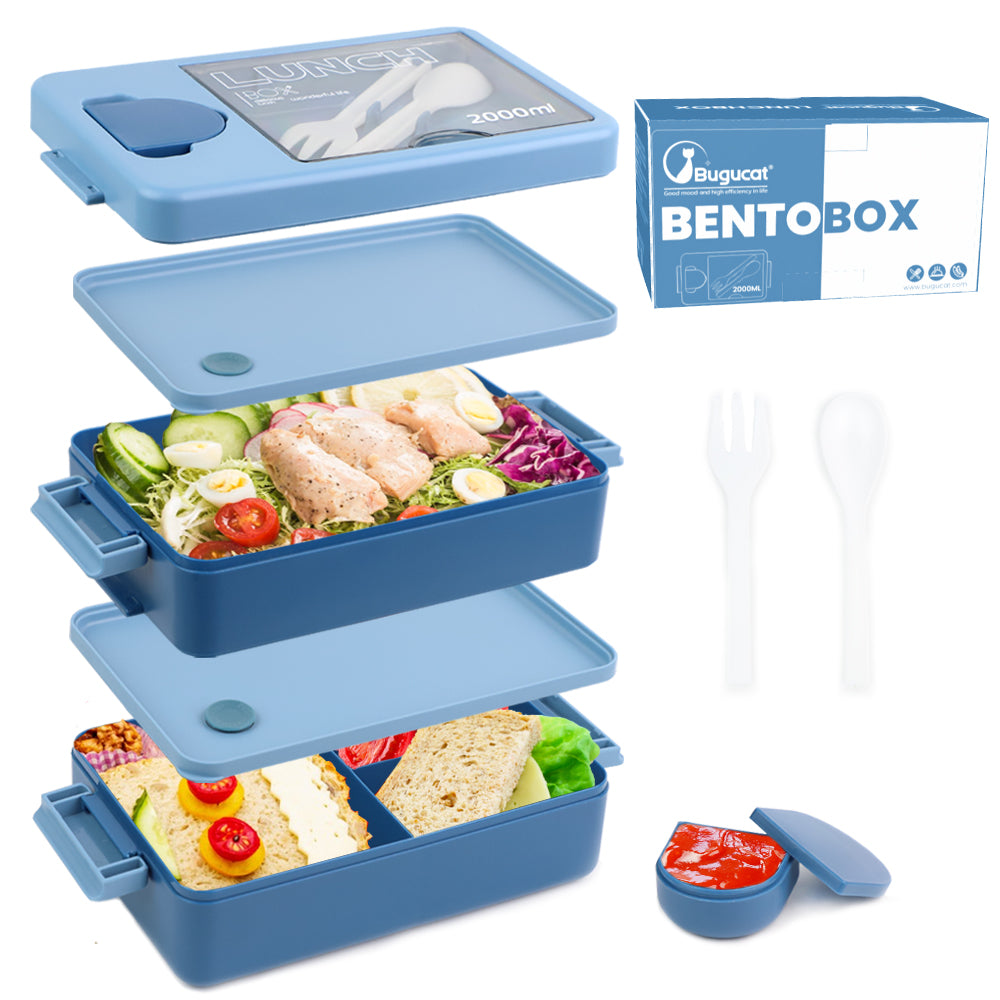 Fiambrera Bugucat 1400ML, fiambrera bento box infantil con 3 compartimentos  y juego de cubiertos, fiambrera fiambrera fiambrera para microondas