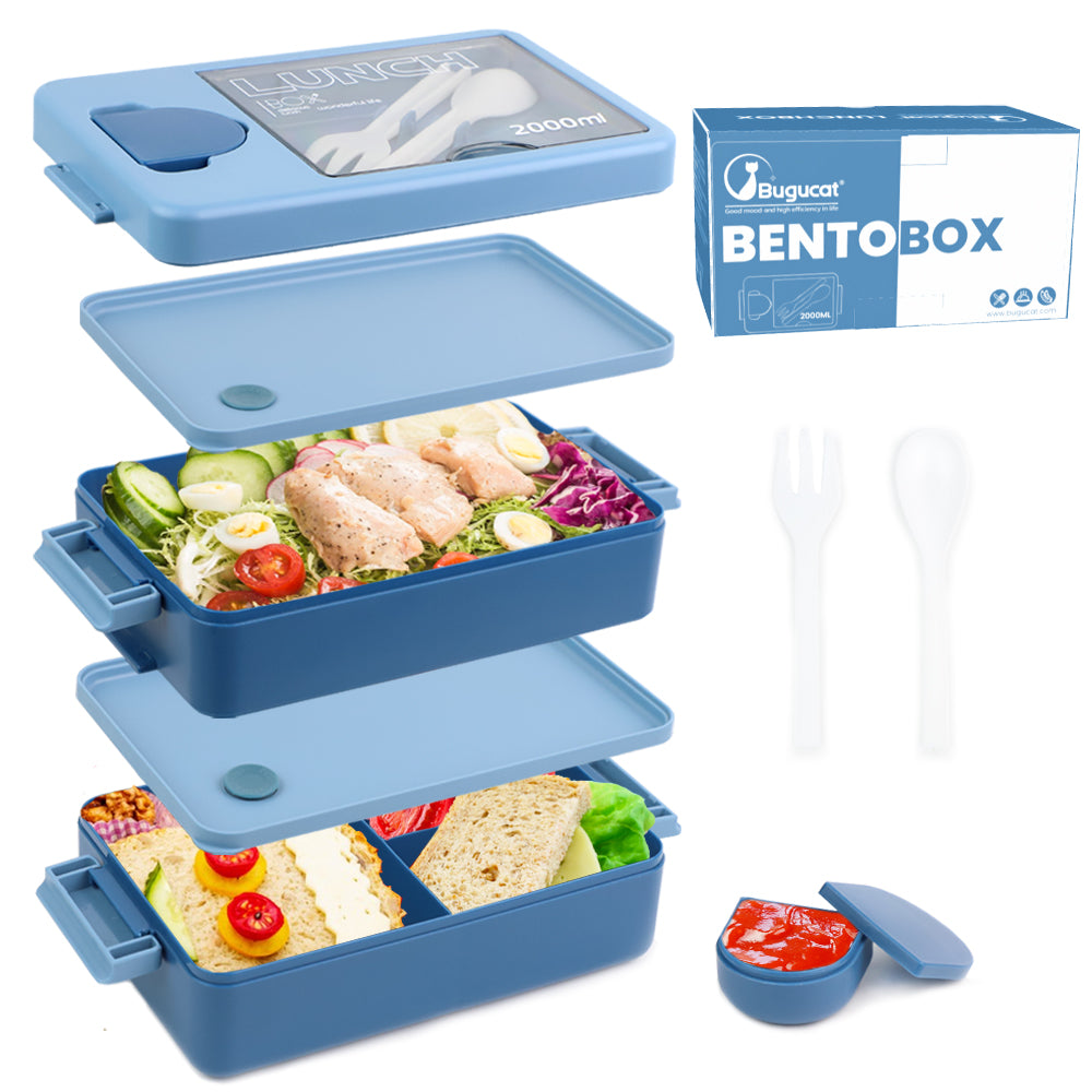 Bugucat Lunchbox 2000ML, Bento Box Brotdose kinder mit 4 Fächern und Besteckset, Vesperdose Frühstücksbox für Mikrowellen Spülmaschinen, Brotzeitbox Brotbüchse für Erwachsene, BPA-Free