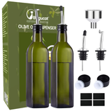 Bugucat Ölflasche 500 ml, Essigflasche aus Glas mit Spender, Ölflaschen mit Ausgießer und Etikett, Olivenölspender mit Anti-Schmutz-Verschluss, auslaufsicher und tropffrei, zum Kochen, Grillen, Salat